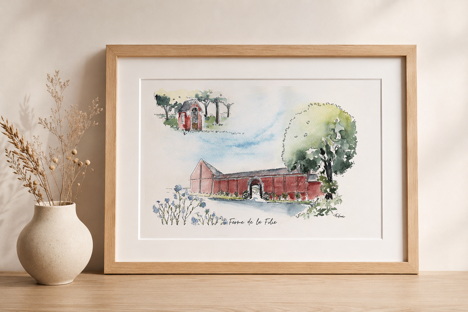 Aquarelle corps de ferme encadrée