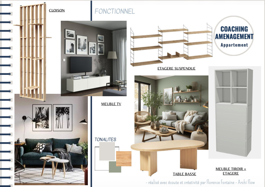 Planche d'ambiance du Carnet Focus pour un coaching aménagement d'appartement